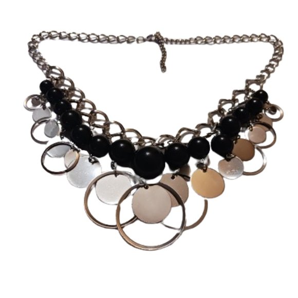 Vintage 90s Geometric Chunky Black and Silver Bib Statement Dangle Necklace - Picture 6 of 11